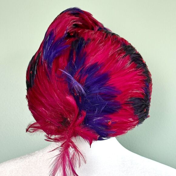 Vintage Jack McConnell Boutique Feathered Hat Wool Red Black Sparkle 50s 60s